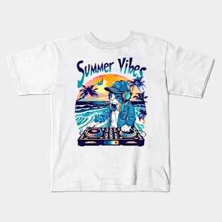 Summer Vibe DJ Cat 80s 90s Kitten Sunset Rainbow Cat Kitty Kids T-Shirt